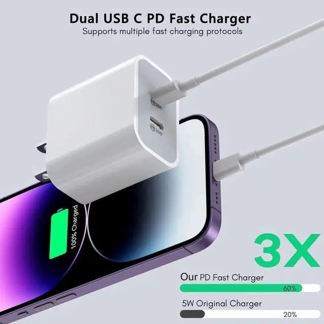 Alt view image 5 of 7 - iPhone Charger [Apple Certified] 2Pack PD Dual USB C Charger Block Fast Charging Wall Charger Plug with 10FT Long Rapid Type C - Lightning Cable Apple Charger for iPhone 14/13/12/11 Pro/XS/XR/SE iPad