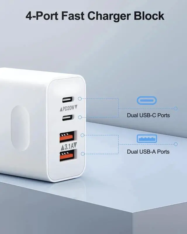 Alt view image 2 of 7 - USB C Charger Block 40W 4-Port USB-C Wall Charger Fast Charging Dual Port USBC Power Adapter+Double USB Wall Plug Multiport Brick Type C Block for iPhone 15 14 13 12 11 Pro Max XS XR iPad