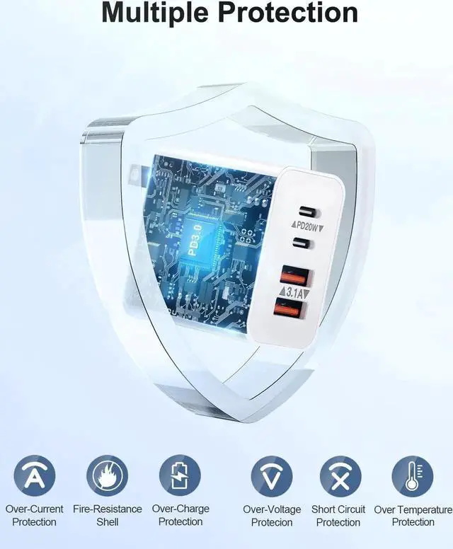 Alt view image 7 of 7 - USB C Charger Block 40W 4-Port USB-C Wall Charger Fast Charging Dual Port USBC Power Adapter+Double USB Wall Plug Multiport Brick Type C Block for iPhone 15 14 13 12 11 Pro Max XS XR iPad