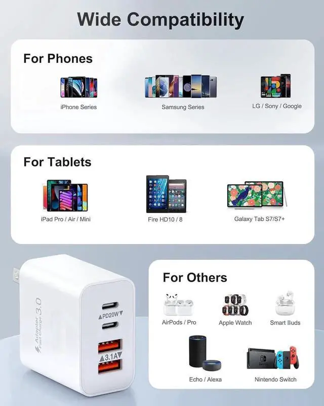 Alt view image 4 of 7 - USB C Charger Block 40W 4-Port USB-C Wall Charger Fast Charging Dual Port USBC Power Adapter+Double USB Wall Plug Multiport Brick Type C Block for iPhone 15 14 13 12 11 Pro Max XS XR iPad