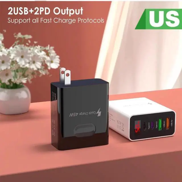 Alt view image 2 of 2 - 45W2usb Dual type Fast charge mobile phone charger Dual type Fast charge 4 interface PD with on-screen digital display Black