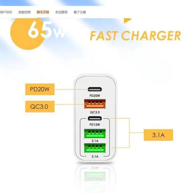 Alt view image 3 of 4 - 65W multi-port dual PD charger 3USB Fast charge for iPhone 15/12 Apple 13/14