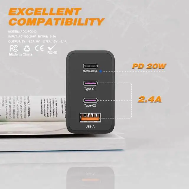Alt view image 2 of 2 - 38W multi-interface 3type-c US gauge charging head for Honor Apple Samsung Fast charge PD20W Black