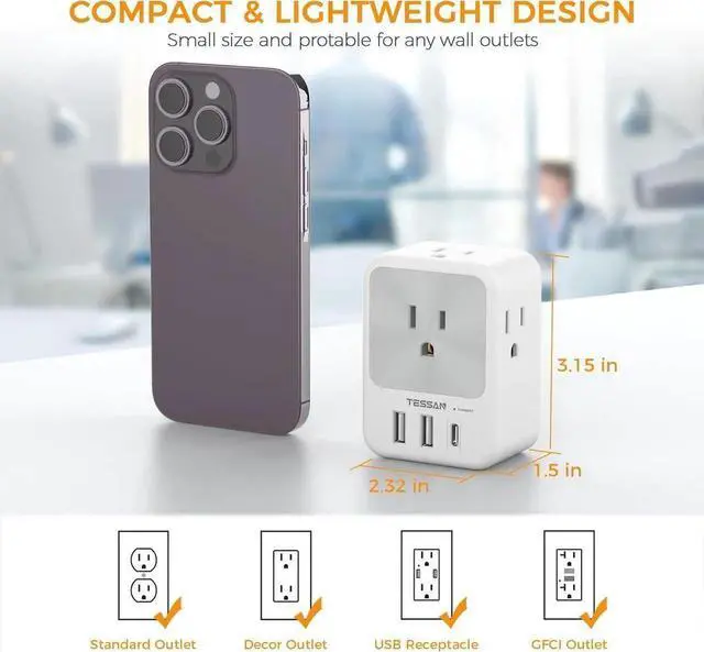 Alt view image 6 of 6 - Surge Protector Wall Outlet Extender Multi Plug Outlet Splitter with 3 USB Charging Blocks(1 USB C) Multi Plug Outlet Adapter Charger for Home Office School College Dorm Essentials