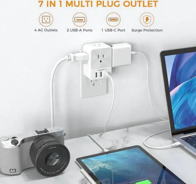 Alt view image 4 of 6 - Surge Protector Wall Outlet Extender Multi Plug Outlet Splitter with 3 USB Charging Blocks(1 USB C) Multi Plug Outlet Adapter Charger for Home Office School College Dorm Essentials