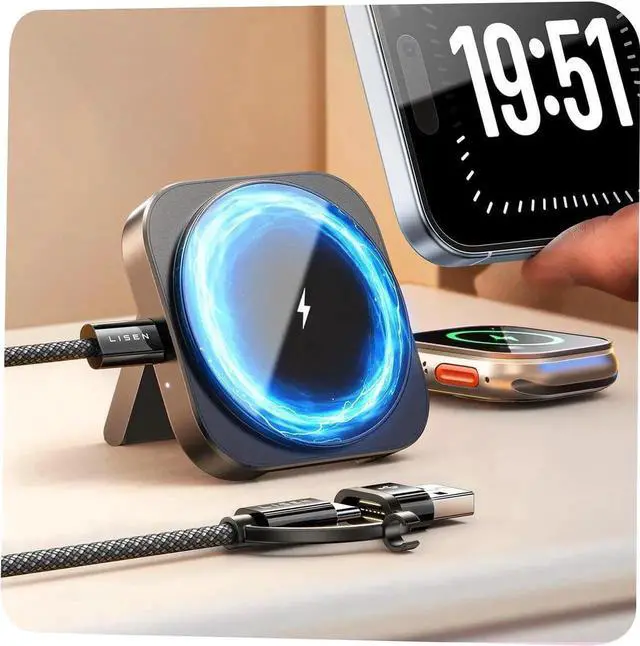 Main image of Travel Charger Charging Station for Apple Magsafe Charge for iPhone 16 Travel Essentials Gift for Women and Men Magsafe Accessories Wireless Charger for iPhone 16/15/14/13/12 Airpods Watch