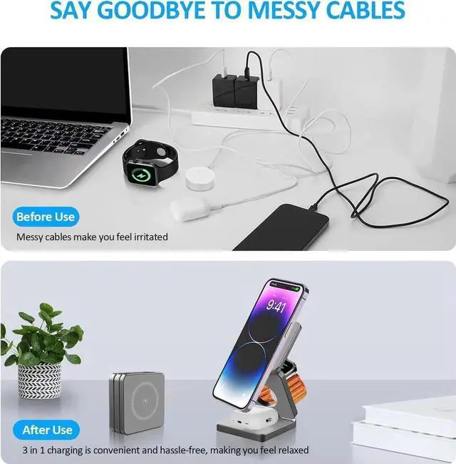 Alt view image 6 of 7 - Foldable Wireless Charger for iPhone Charging Station: 3 in 1 Charger Stand Multiple Devices for Apple - iPhone 15 14 Pro Max 13 12 - Apple Watch 9 8 7 6 5 4 3 2 Se - Airpods 3 2 Pro (Gray)