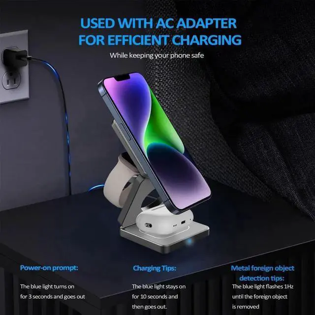 Alt view image 3 of 7 - Foldable Wireless Charger for iPhone Charging Station: 3 in 1 Charger Stand Multiple Devices for Apple - iPhone 15 14 Pro Max 13 12 - Apple Watch 9 8 7 6 5 4 3 2 Se - Airpods 3 2 Pro (Gray)