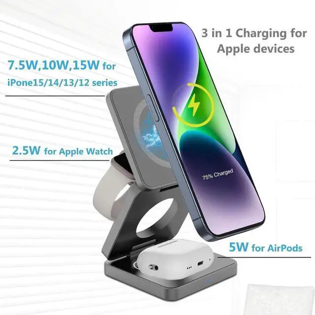 Alt view image 2 of 7 - Foldable Wireless Charger for iPhone Charging Station: 3 in 1 Charger Stand Multiple Devices for Apple - iPhone 15 14 Pro Max 13 12 - Apple Watch 9 8 7 6 5 4 3 2 Se - Airpods 3 2 Pro (Gray)