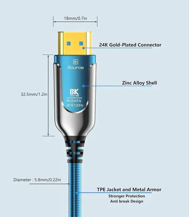 Alt view image 3 of 7 - 50Ft Fiber Optic HDMI Cables 8K 48Gbps, [UPGATED] Metal Armor Jacket, Ultra High Speed HDMI 2.1 Cable, 8K@60Hz 4K@120Hz, Compatible for 5 PC HDTV, Male-to-Male 50 ft.