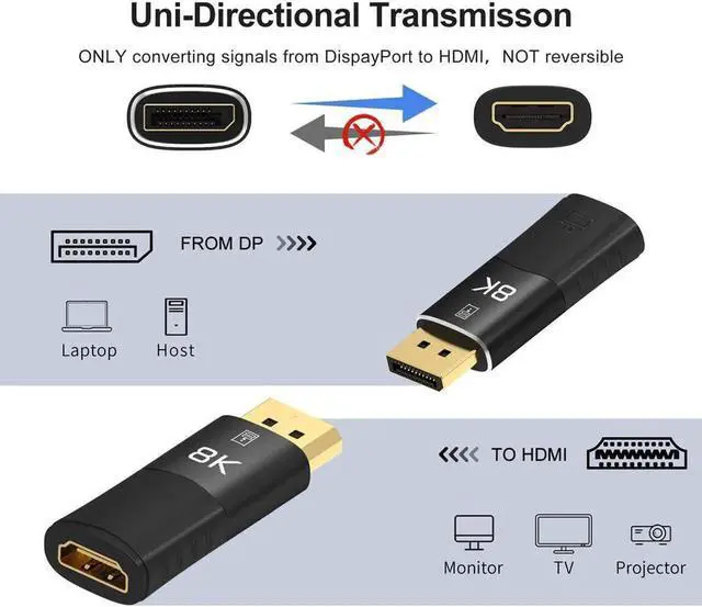 Alt view image 4 of 7 - 8K DisplayPort to HDMI-compatible Adapter Coupler 8K@30Hz 4K@120Hz DP1.4 to HDMI2.1 Male to Female Cable Extension Extender Black