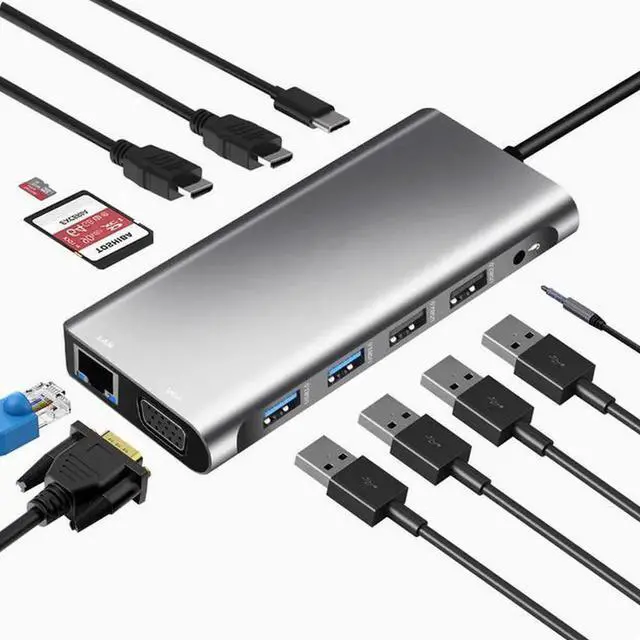 Main image of 12-in-1 TYPE-C to dual HDMI 4K VGA port USB3.0 HUB converter Gigabit network port