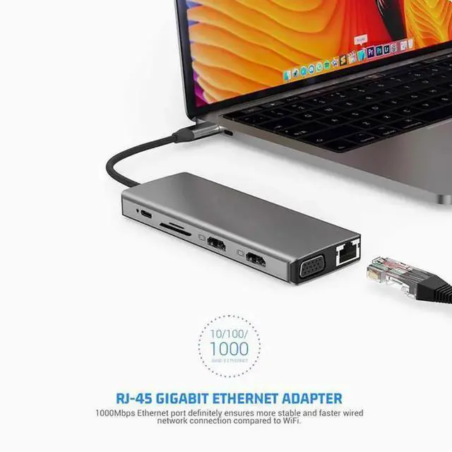 Alt view image 2 of 4 - 12-in-1 TYPE-C to dual HDMI 4K VGA port USB3.0 HUB converter Gigabit network port