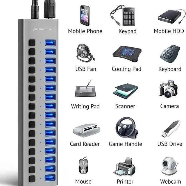 Alt view image 2 of 2 - Powered USB Hub - 16 Ports 80W USB 3.0 Data Hub - with Individual On/Off Switches and 12V/6A Power Adapter USB Hub 3.0 Splitter for Laptop, PC, Computer, Mobile HDD, Flash Drive and More