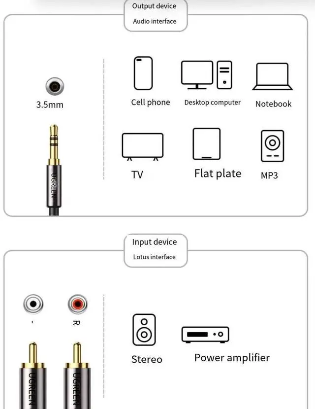 Alt view image 4 of 7 - 3.5mm rotary dual Lotus RCA input/output 1 tow 2 speaker audio cable