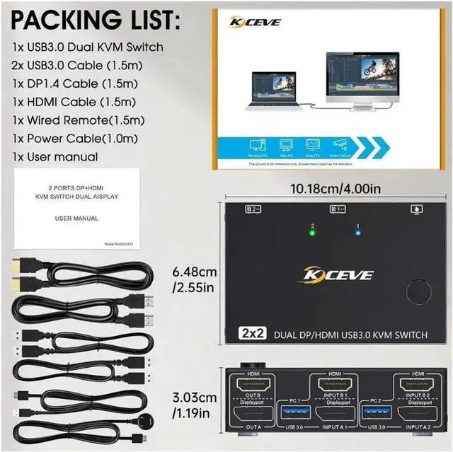 Alt view image 7 of 7 - USB 3.0 Dual Monitor KVM Switch HDMI+Displayport 4K@60Hz,2K@120Hz,Camgeet 2 Monitors 2 Computers KVM Switch for 2 Computer Share 2 Display and 4 USB3.0 Devices.Wired Remote and 4 Cables Included
