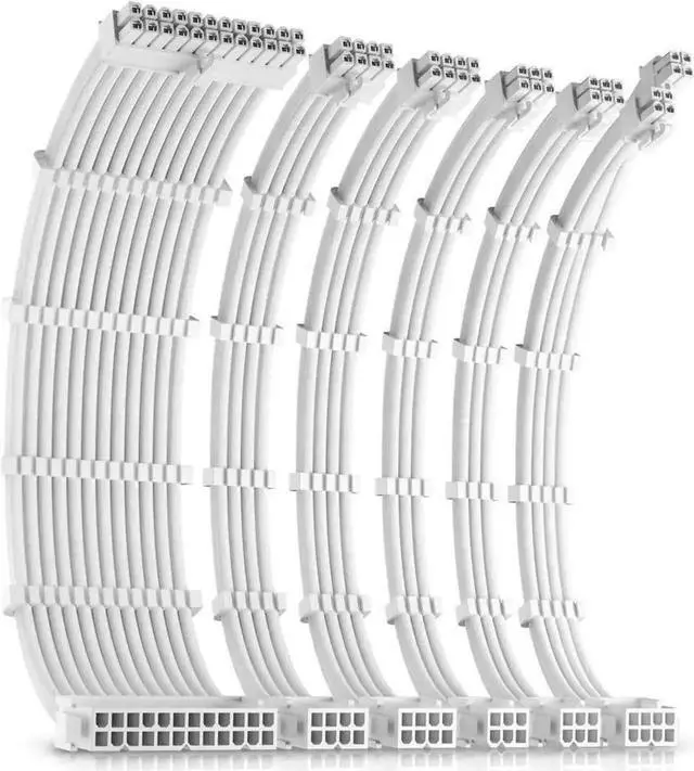 Main image of PSU Cables, Sleeved Cable Extension Kit /24pin ATX /4+4pin EPS /8-pin PCI-E /6pin PCI-E PSU Extension Cable Kit 30cm Length with Combs, White ConnectorWhite