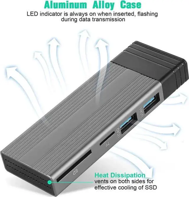 Alt view image 4 of 7 - M.2 NVME SATA SSD Enclosure Adapter Tool-Free, RTL9210B Chips, USB C 3.1 Gen 2 10Gbps NVME, 6Gbps SATA PCIe M-Key(B+M Key) with 2 USB Ports, SD/TF Card Reader