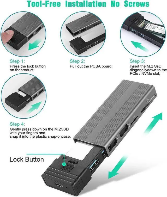 Alt view image 3 of 7 - M.2 NVME SATA SSD Enclosure Adapter Tool-Free, RTL9210B Chips, USB C 3.1 Gen 2 10Gbps NVME, 6Gbps SATA PCIe M-Key(B+M Key) with 2 USB Ports, SD/TF Card Reader