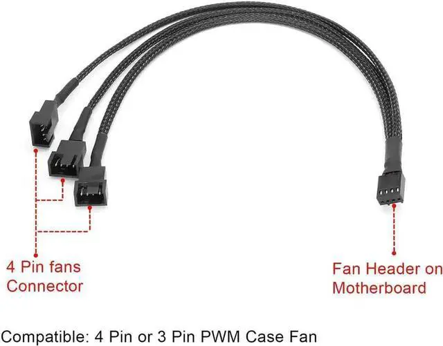 Alt view image 2 of 6 - Black Net Jacket Sleeved 10 inch PWM 4pin 1 to 3 4-pins Fan Splitter Hub Power Fan-out Adapter Cable,Motherboard PMW 4-pin header 1x3 Fan-Out Power Cable - 10"