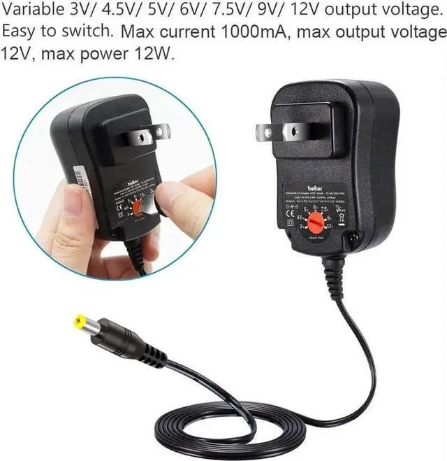 Alt view image 6 of 6 - 12W 3V 4.5V 5V 6V 7.5V 9V 12V Adjustable Voltage Universal AC/DC Adapter Power Supply for Household Electronics,Micro USB - 1A Max