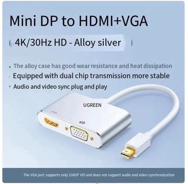 Main image of MiniDP to(HDMI+VGA4K30Hz/1080P60Hz)- Silver suitable for Apple Computer converter projector port macbook pro/air HD surface connected to laptop TV lightning adapter cable