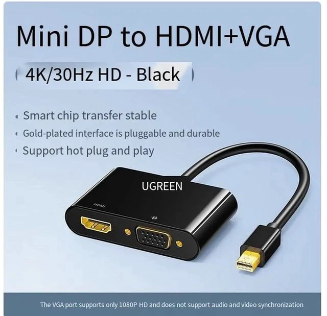 Main image of MiniDP to(HDMI+VGA4K30Hz/1080P60Hz)- Silver suitable for Apple Computer converter projector port macbook pro/air HD surface connected to laptop TV lightning adapter cable Black