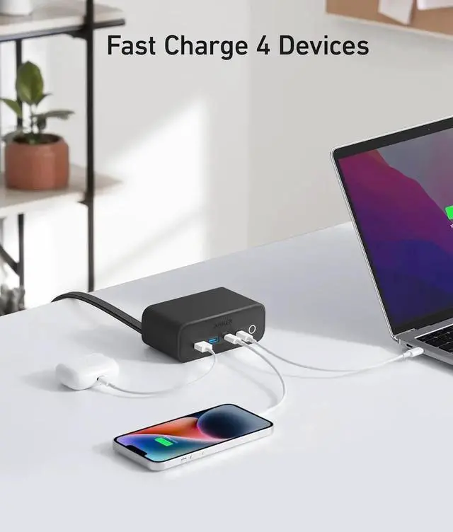 Alt view image 3 of 7 - 525 Charging Station 5 ft Thin Cord and Flat Plug 7-in-1 USB C Power Strip for iPhone 15/14 3 AC 2 USB A 2 USB C 65W Power Delivery Desktop Accessory for MacBook Pro Office (Phantom Black)