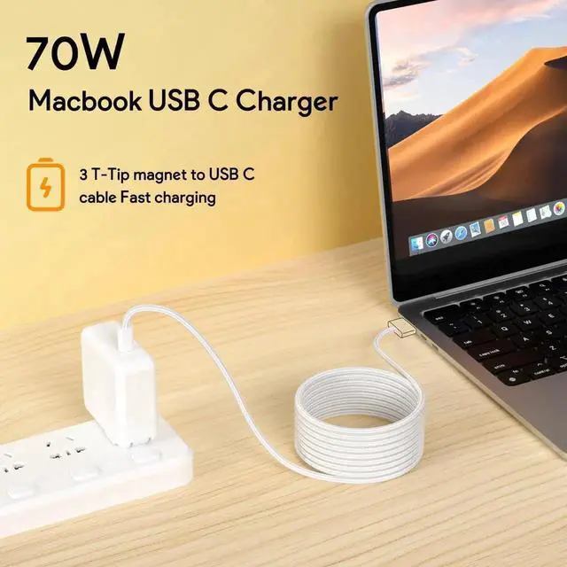 Alt view image 6 of 7 - 70W Magnetic 3 Mac Book Pro Charger- Compatible with MacBook pro 14 inch(2021-2023) & Mac Book Air 13/15 inch(2022-2024) Include 6.6FT USB C to 3 Braided Cable