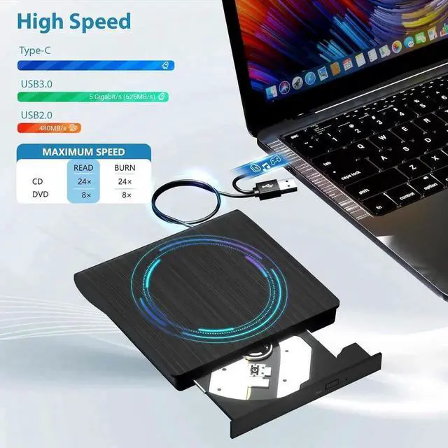 Alt view image 6 of 7 - External CD DVD Drive, USB 3.0 & TYPE C Portable CD DVD +/-RW Drive, CD/DVD ROM Player Burner Reader Writer Rewriter Optical Disc Drive for Laptop Desktop PC, Windows 11/10/8/7, Apple Mac, Linux OS