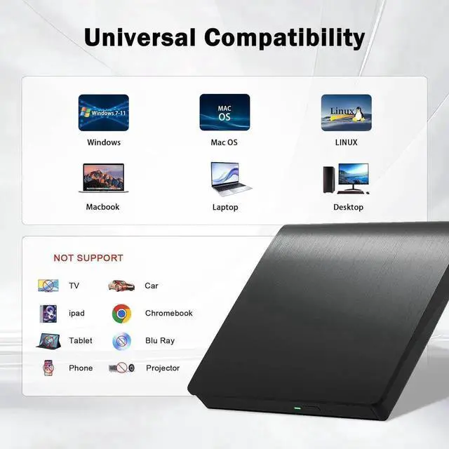 Alt view image 3 of 7 - Hitoor External CD/DVD Drive for Laptop PC, Portable CD DVD Player USB 3.0 Type C Portable Optical Drive, External CD DVD Burner Compatible with Windows 10 11 Linux Mac OS