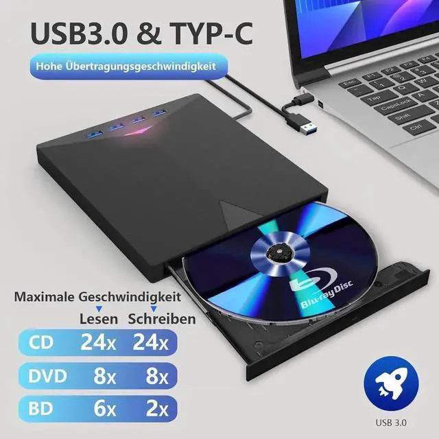 Alt view image 3 of 7 - External Blu ray Drive, [7-in-1] External CD/DVD Drive, USB 3.0 Type-C 3D Blu RAL Drive, DVD/BD Player Read/Write Portable Blu-ray Drive for Laptop Windows MacBook Desktop PC