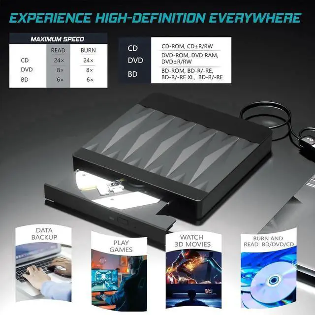 Alt view image 6 of 7 - External Blu Ray Drive, USB 3.0 and Type-C External Blu Ray Burner Portable Blu Ray DVD/CD/BD Player, 3D Optical Bluray CD DVD Drive Compatible with Windows XP/7/8/10/11 MacOS Laptop Desktop