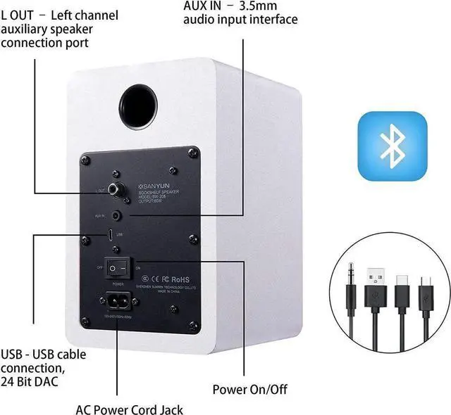 Alt view image 4 of 7 - SW208 3" Active Bluetooth 5.0 Bookshelf Speakers 60W Carbon Fiber Speaker Unit - Built-in 24bit DAC Dynamic 3D Surround Sound 2.0 Computer PC Monitor Gaming (Pair, White)