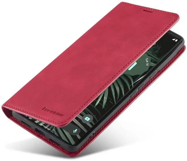 Alt view image 6 of 7 - Case for Google Pixel 6 5G 6.4 inch Premium PU Leather Cover with Card Holder Kickstand Shockproof Flip Wallet Cover Red