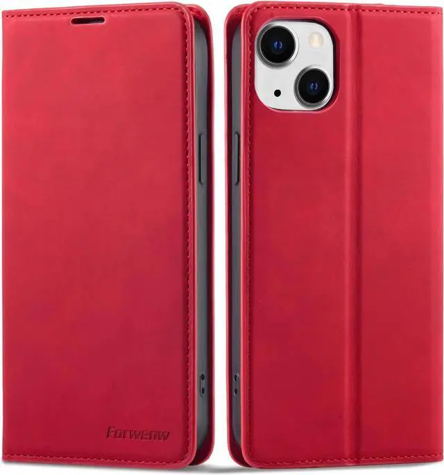Main image of Case for iPhone 14 6.1 inch Premium PU Leather Cover with Card Holder Kickstand Shockproof Flip Wallet Cover Red