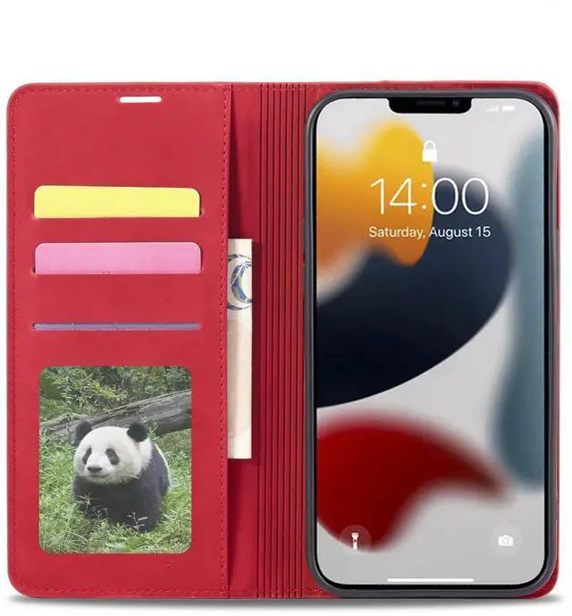 Alt view image 4 of 7 - Case for iPhone 14 6.1 inch Premium PU Leather Cover with Card Holder Kickstand Shockproof Flip Wallet Cover Red