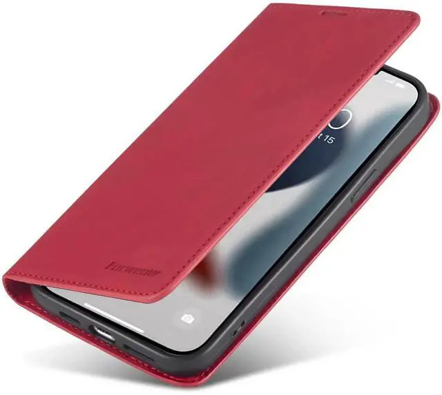 Alt view image 5 of 7 - Case for iPhone 14 6.1 inch Premium PU Leather Cover with Card Holder Kickstand Shockproof Flip Wallet Cover Red