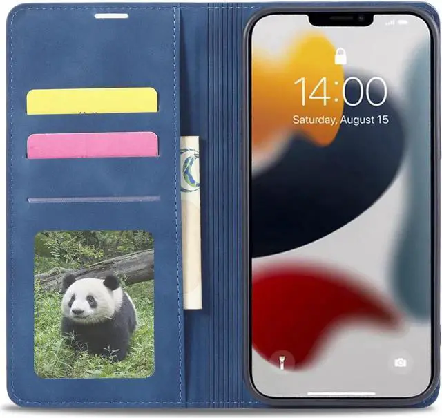 Alt view image 7 of 7 - Case for iPhone 14 Plus 6.7 inch Premium PU Leather Cover with Card Holder Kickstand Shockproof Flip Wallet Cover Blue