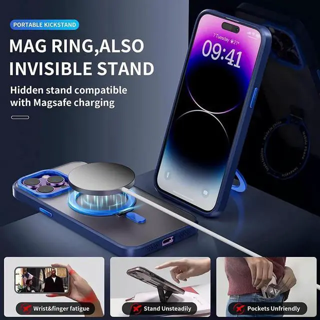 Alt view image 7 of 7 - Magnetic Protective Case for iPhone 14 Pro Max with Invisible Stand,[Compatible with Mag Safe][Translucent Matte Case][Tempered Glass Screen Protector + Camera Lens Protector] 6.7 Inch Blue