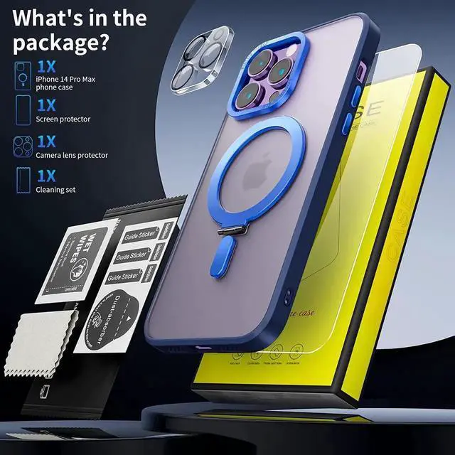 Alt view image 5 of 7 - Magnetic Protective Case for iPhone 14 Pro Max with Invisible Stand,[Compatible with Mag Safe][Translucent Matte Case][Tempered Glass Screen Protector + Camera Lens Protector] 6.7 Inch Blue