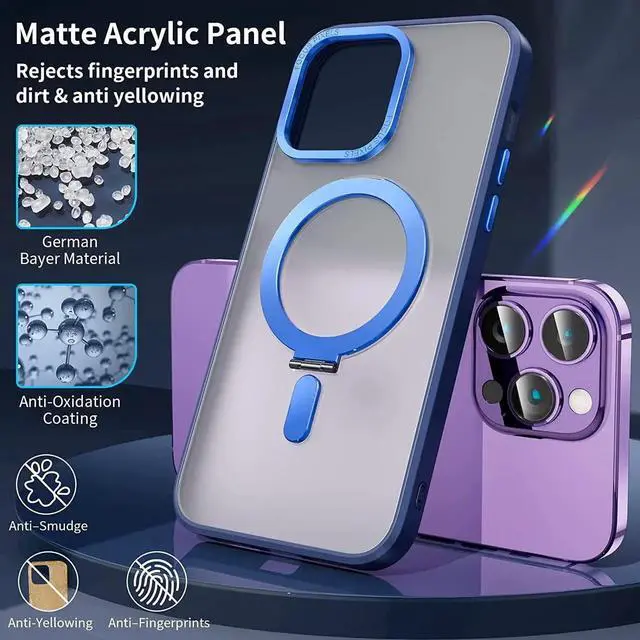 Alt view image 2 of 7 - Magnetic Protective Case for iPhone 14 Pro Max with Invisible Stand,[Compatible with Mag Safe][Translucent Matte Case][Tempered Glass Screen Protector + Camera Lens Protector] 6.7 Inch Blue