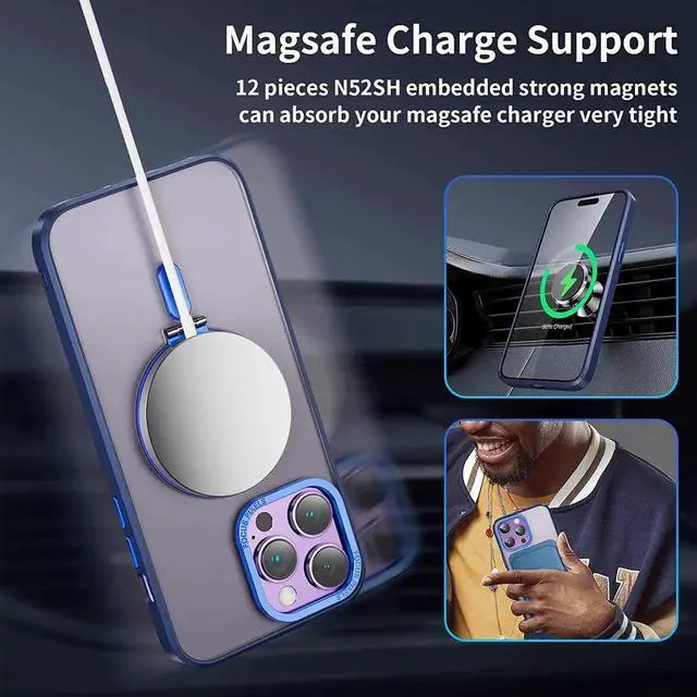 Alt view image 3 of 7 - Magnetic Protective Case for iPhone 14 Pro Max with Invisible Stand,[Compatible with Mag Safe][Translucent Matte Case][Tempered Glass Screen Protector + Camera Lens Protector] 6.7 Inch Blue