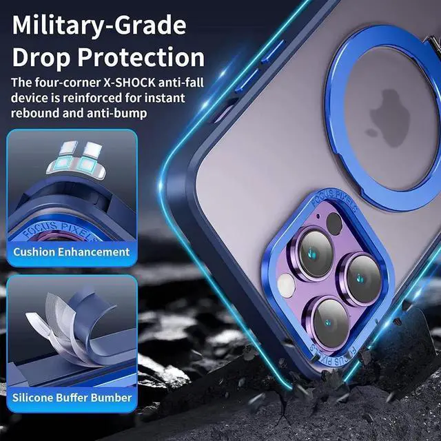 Alt view image 4 of 7 - Magnetic Protective Case for iPhone 14 Pro Max with Invisible Stand,[Compatible with Mag Safe][Translucent Matte Case][Tempered Glass Screen Protector + Camera Lens Protector] 6.7 Inch Blue