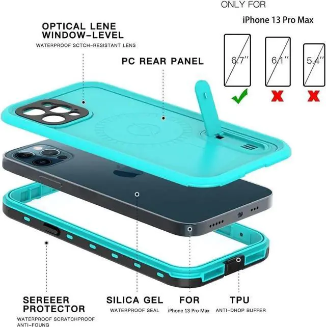 Alt view image 5 of 7 - Waterproof Case for iPhone 13 Pro Max with Mag-Safe Charging, Built-in Screen Protector and Kickstand, Magnetic Heavy Duty Shockproof for Apple iPhone 13 Pro Max 5G Blue