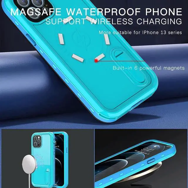 Alt view image 2 of 7 - Waterproof Case for iPhone 13 Pro Max with Mag-Safe Charging, Built-in Screen Protector and Kickstand, Magnetic Heavy Duty Shockproof for Apple iPhone 13 Pro Max 5G Blue