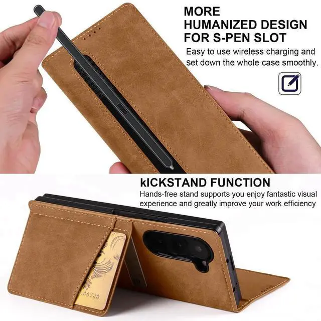 Alt view image 6 of 6 - Case for Samsung Galaxy Z Fold 5 5G, Premium PU Leather Phone Cover with Card Holder, S Pen Holder, Stand, Shockproof Flip Wallet Cover Brown