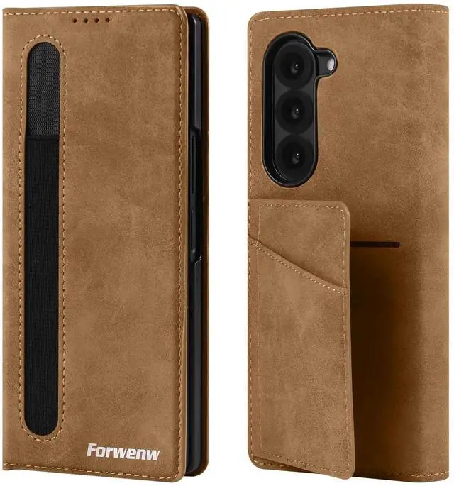 Main image of Case for Samsung Galaxy Z Fold 5 5G, Premium PU Leather Phone Cover with Card Holder, S Pen Holder, Stand, Shockproof Flip Wallet Cover Brown