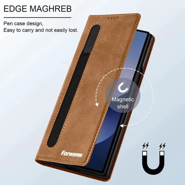 Alt view image 5 of 6 - Case for Samsung Galaxy Z Fold 5 5G, Premium PU Leather Phone Cover with Card Holder, S Pen Holder, Stand, Shockproof Flip Wallet Cover Brown