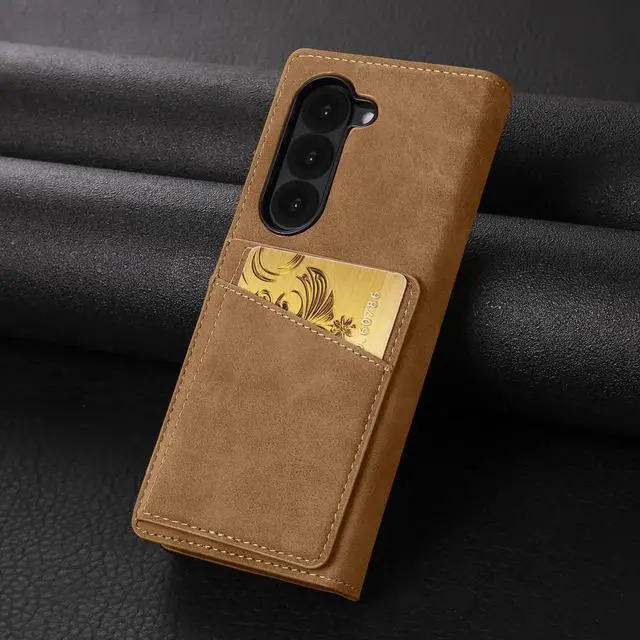 Alt view image 2 of 6 - Case for Samsung Galaxy Z Fold 6, Premium PU Leather Phone Cover with Card Holder, S Pen Holder, Stand, Shockproof Flip Wallet Cover Blue Brown